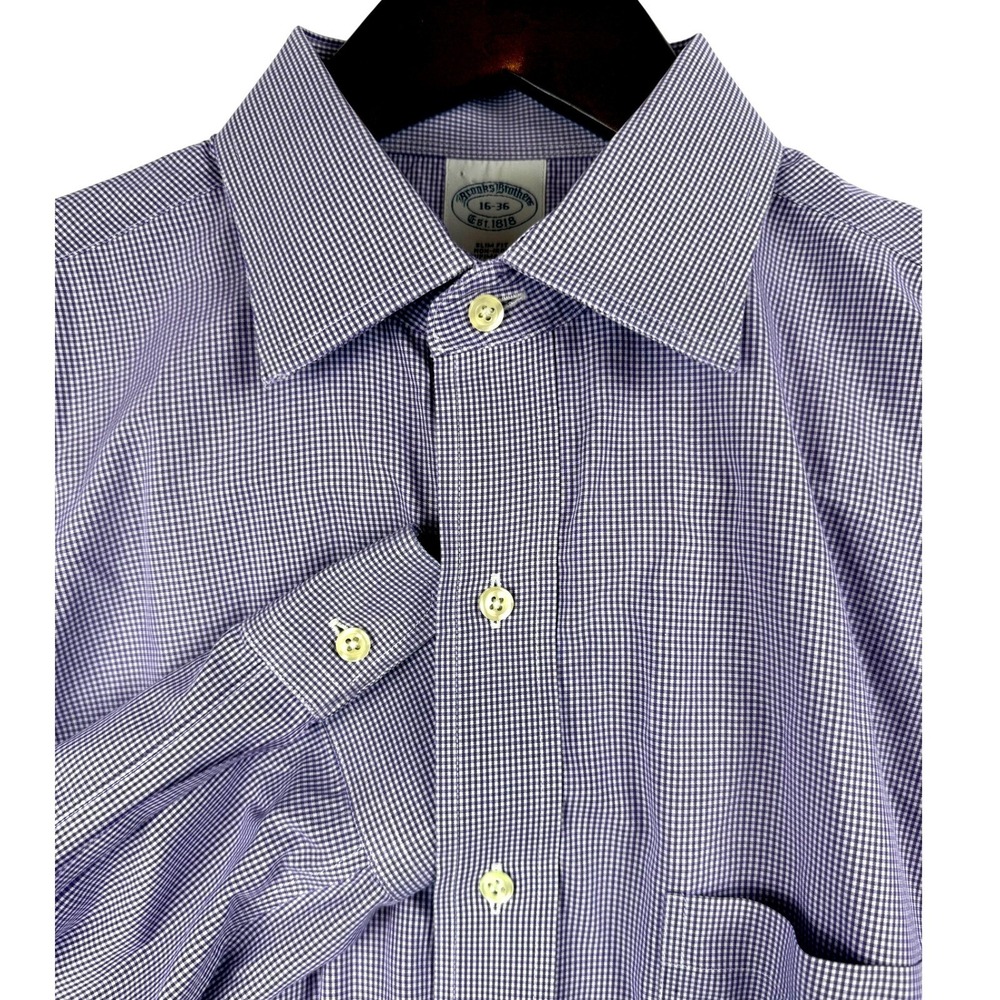 Brooks Brothers‎ Mens Slim Fit Non Iron Gingham Dress Shirt Purple Size L